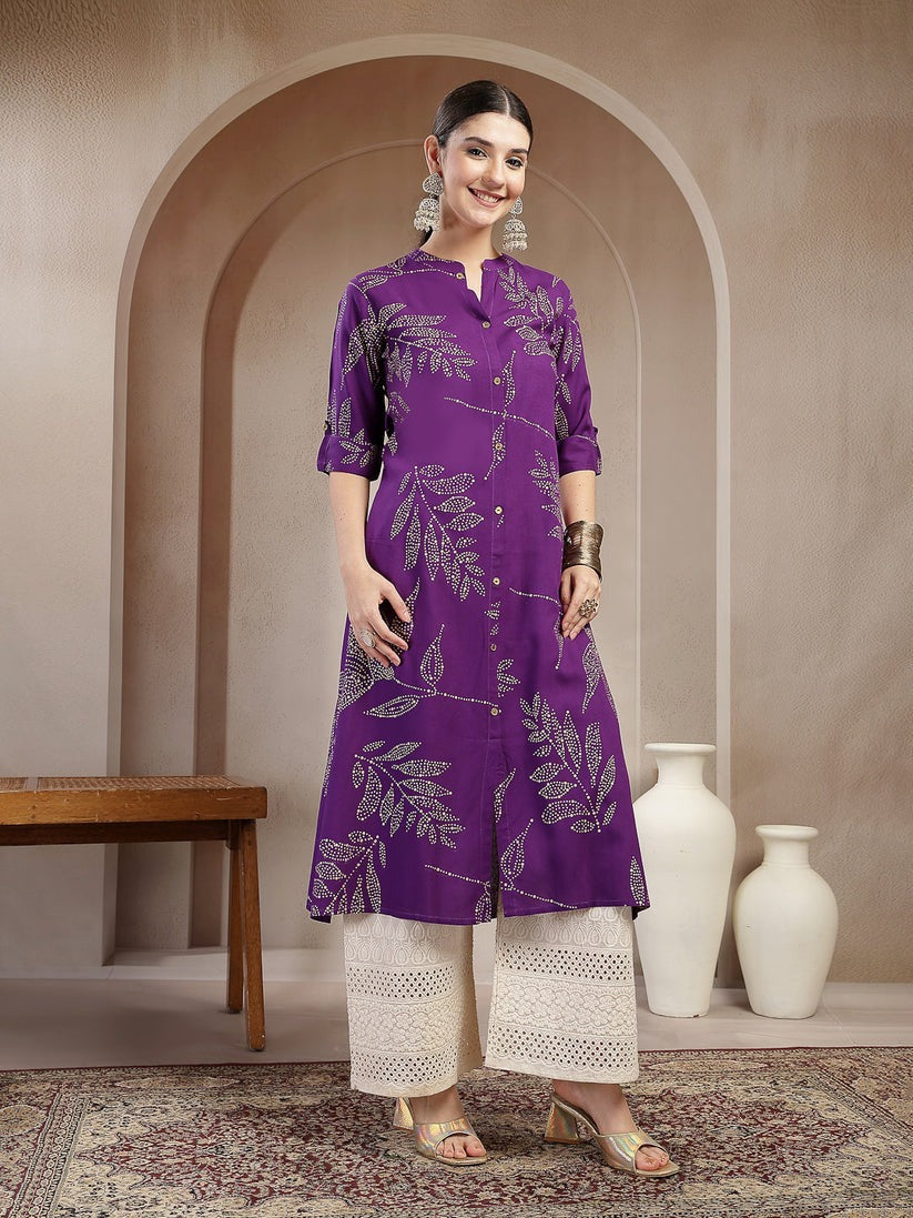 Purple  Rayon Botanic printed A-Line Kurti Top (Top Only)