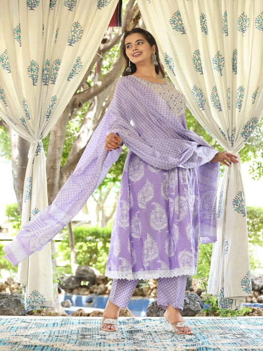 Printed Purple & White Cotton Anarkali Kurti Set