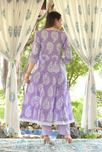 Printed Purple & White Cotton Anarkali Kurti Set