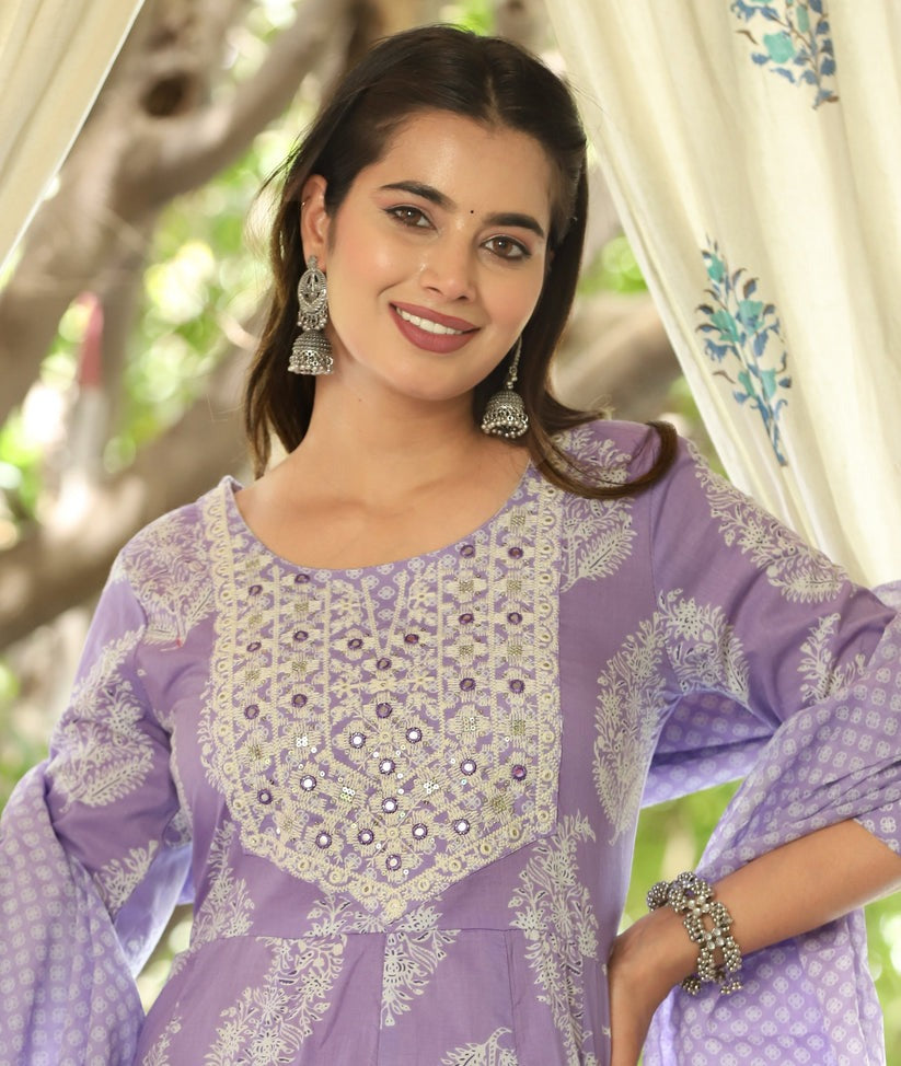 Printed Purple & White Cotton Anarkali Kurti Set