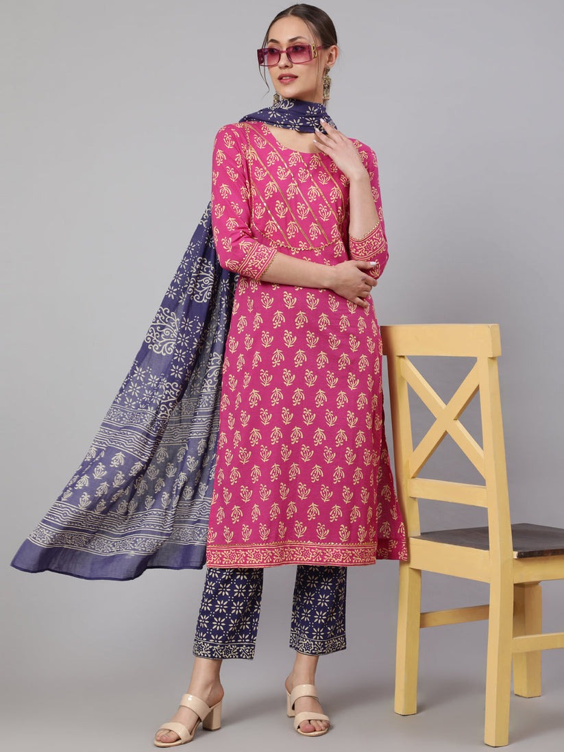 Purple & Pink Printed cotton  Kurti Set