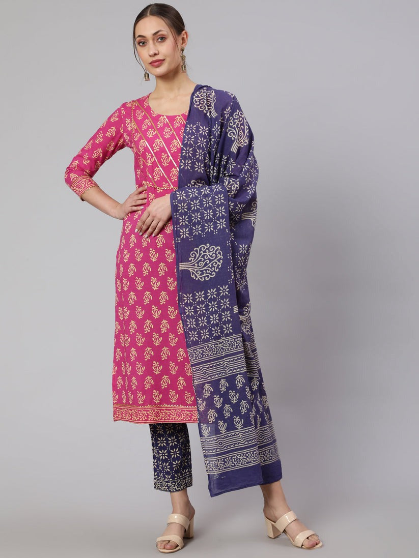 Purple & Pink Printed cotton  Kurti Set