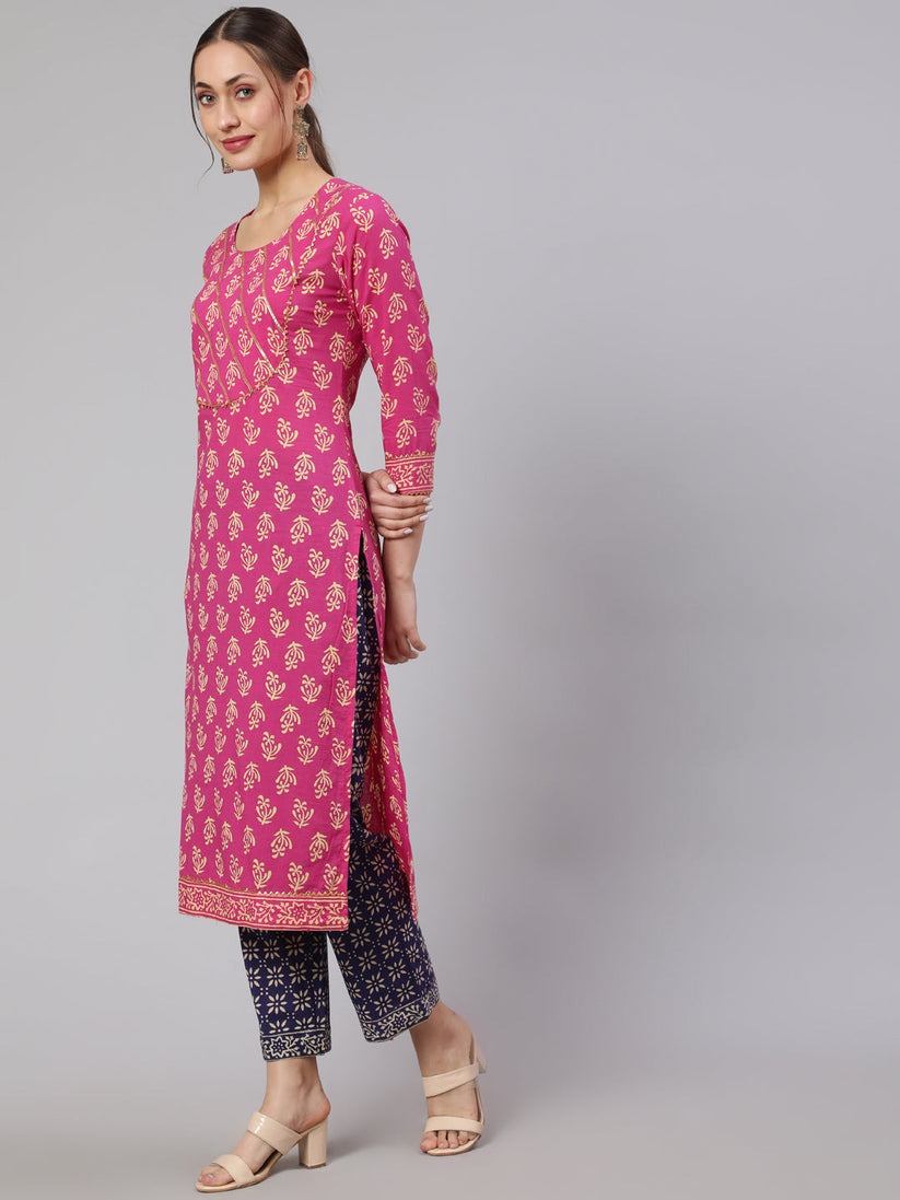 Purple & Pink Printed cotton  Kurti Set
