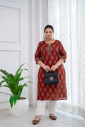 Plus Size Maroon Ethnic Printed Cotton Kurti Top( Top Only)