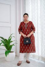 Plus Size Maroon Ethnic Printed Cotton Kurti Top( Top Only)