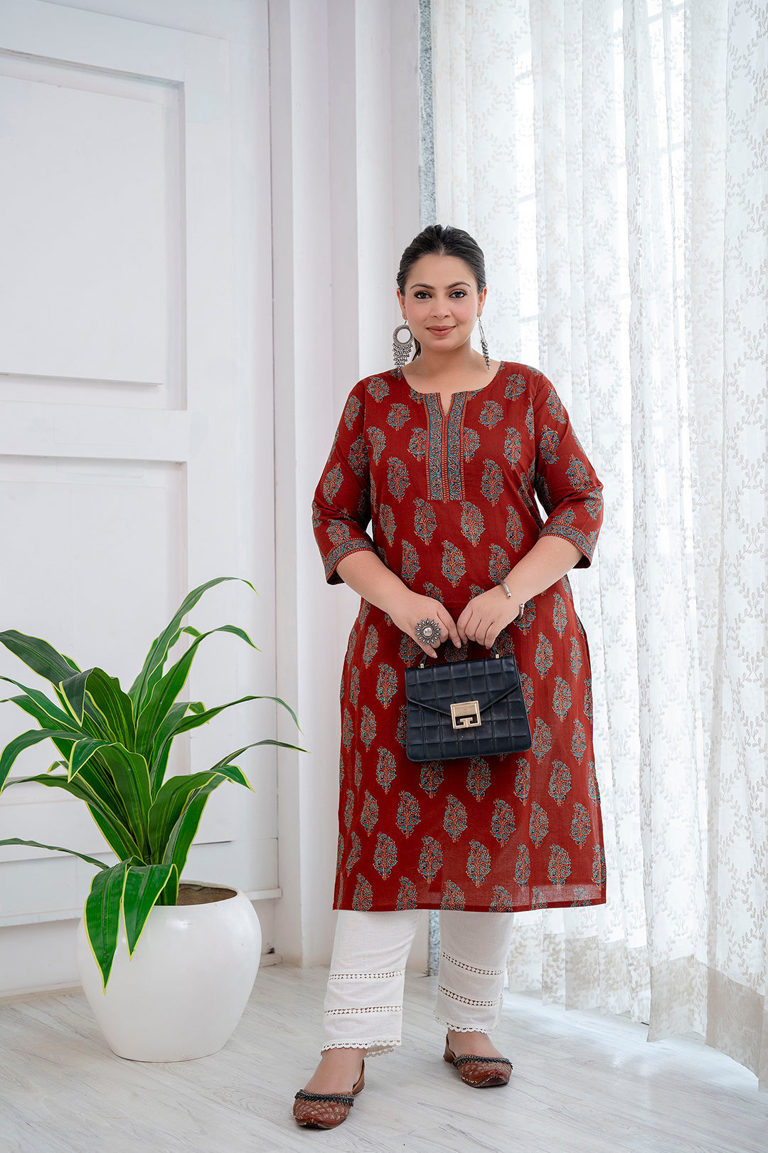 Plus Size Maroon Ethnic Printed Cotton Kurti Top( Top Only)