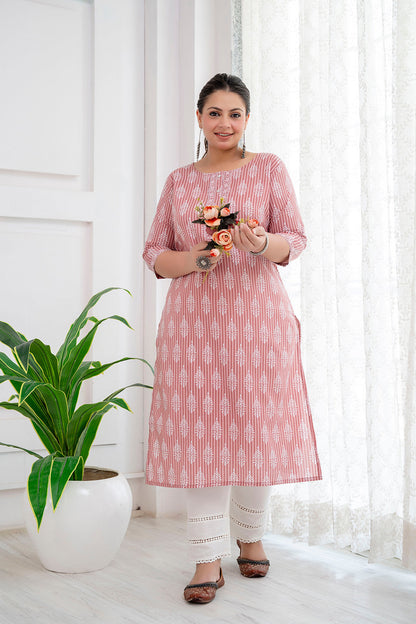 Plus size Pink & White Pure Cotton Printed Kurti Top (Top Only)