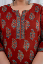 Plus Size Maroon Ethnic Printed Cotton Kurti Top( Top Only)