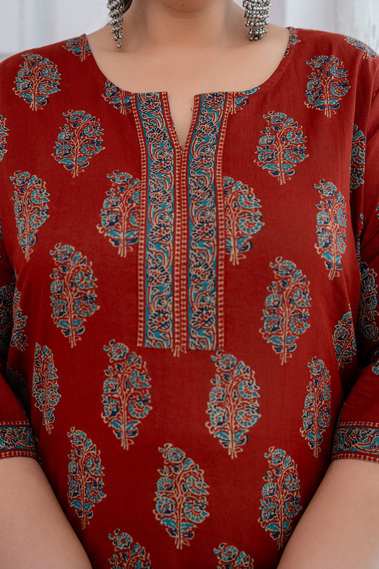 Plus Size Maroon Ethnic Printed Cotton Kurti Top( Top Only)
