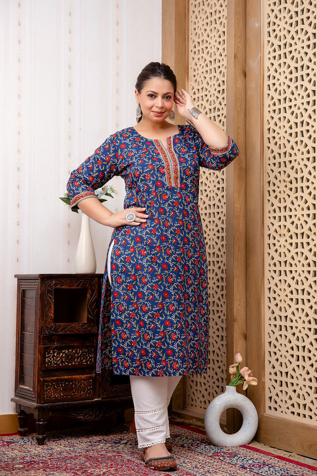 Plus size Navy Blue Red Pure Cotton Printed Kurti Top (Top Only)