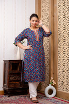 Plus size Navy Blue Red Pure Cotton Printed Kurti Top (Top Only)