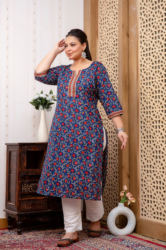 Plus size Navy Blue Red Pure Cotton Printed Kurti Top (Top Only)