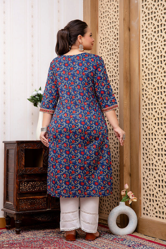 Plus size Navy Blue Red Pure Cotton Printed Kurti Top (Top Only)