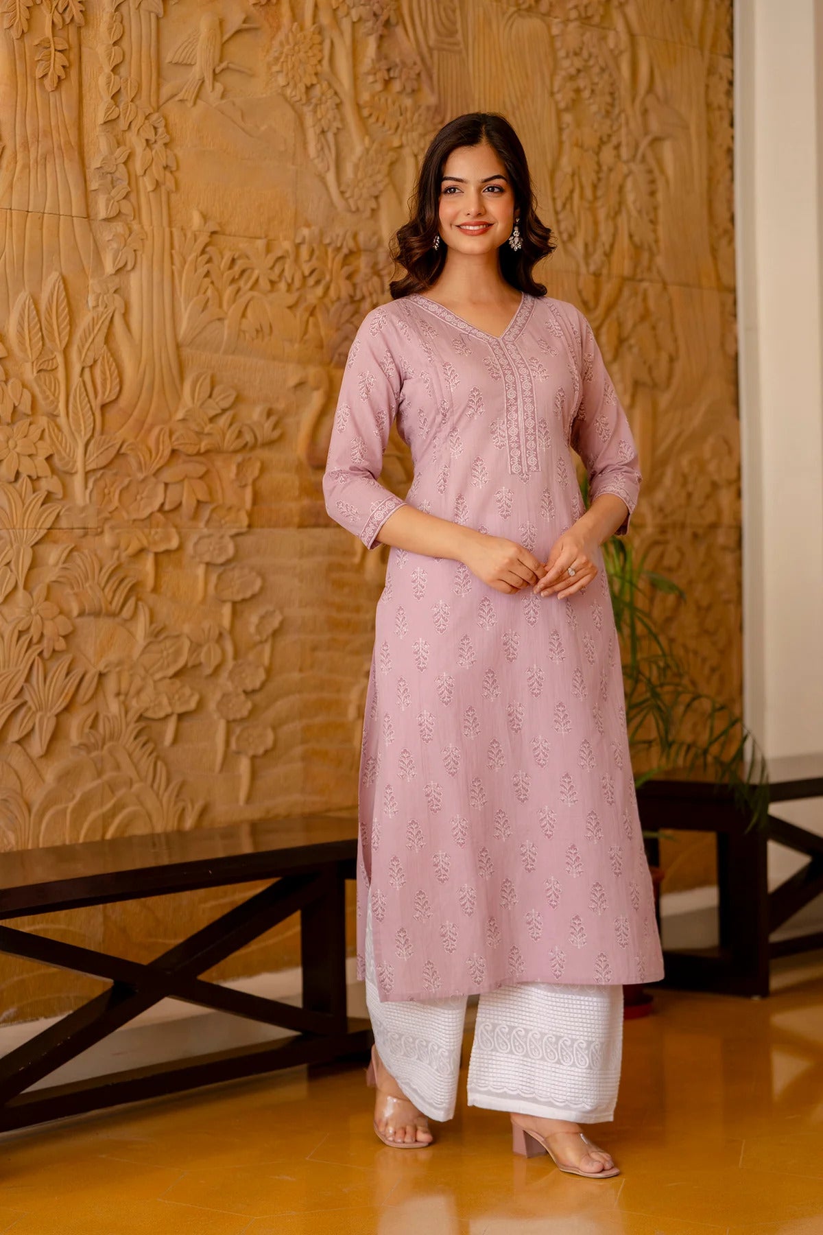 Light Purple Printed Cotton Kurti Top (Top Only)