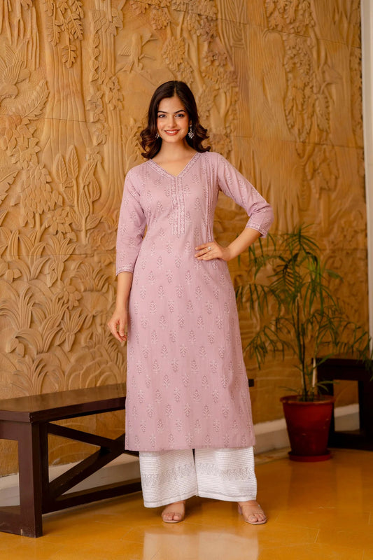 Light Purple Printed Cotton Kurti Top (Top Only)