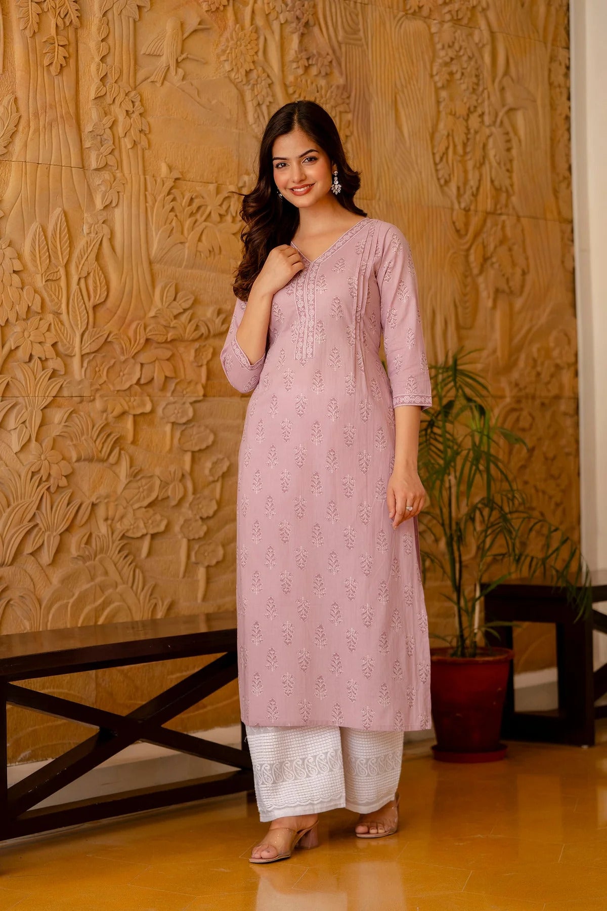Light Purple Printed Cotton Kurti Top (Top Only)