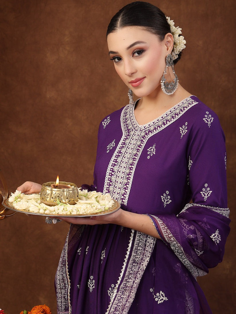 White & Purple Block Printed Rayon Anarkali kurti  Pants with dupatta