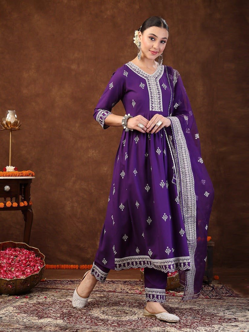White & Purple Block Printed Rayon Anarkali kurti  Pants with dupatta