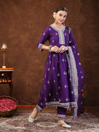 White & Purple Block Printed Rayon Anarkali kurti  Pants with dupatta