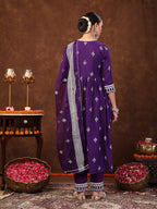 White & Purple Block Printed Rayon Anarkali kurti  Pants with dupatta