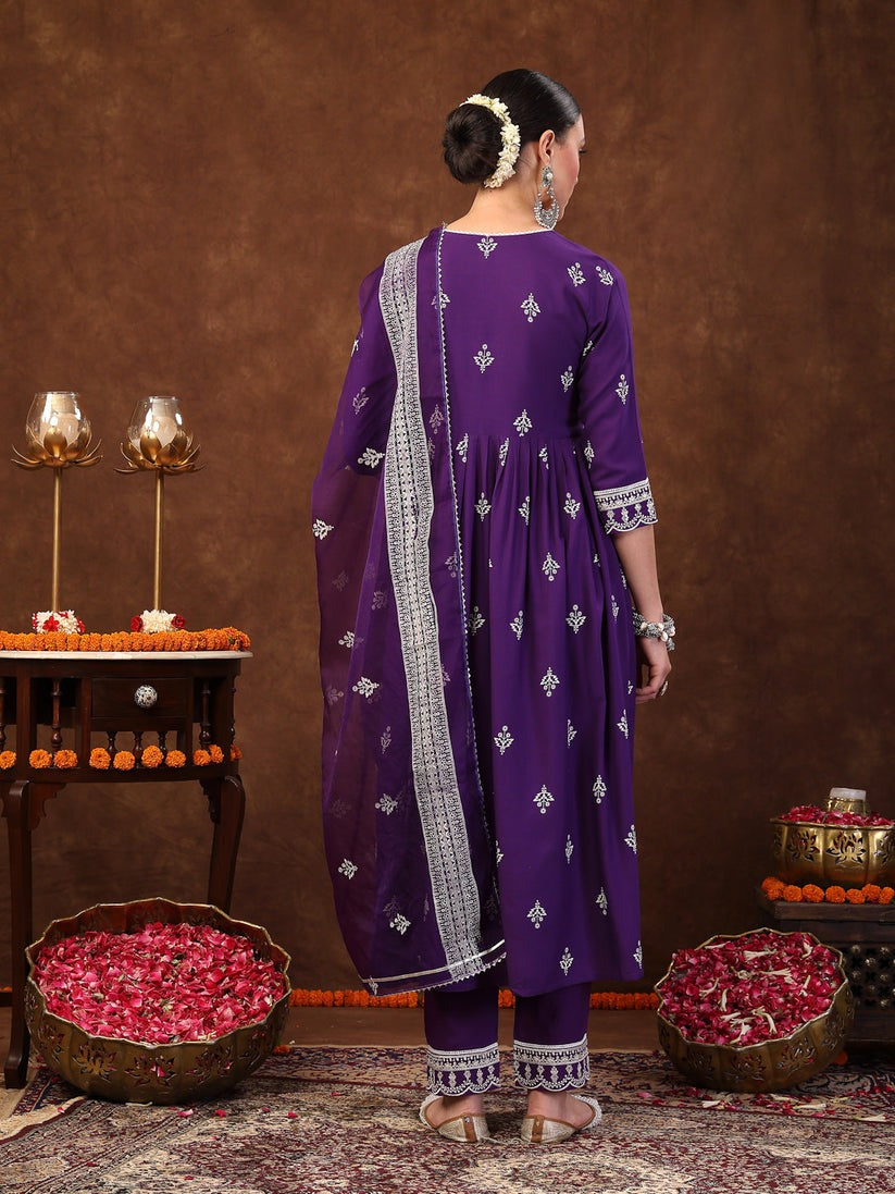 White & Purple Block Printed Rayon Anarkali kurti  Pants with dupatta