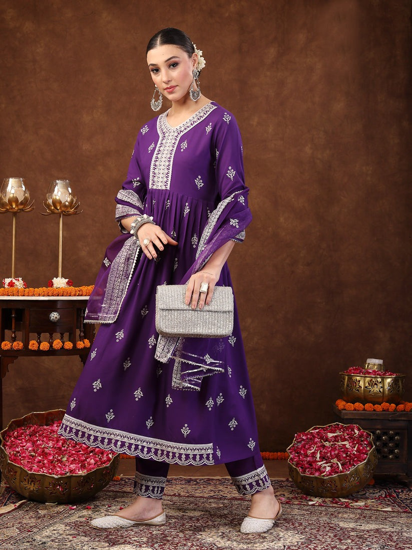 White & Purple Block Printed Rayon Anarkali kurti  Pants with dupatta