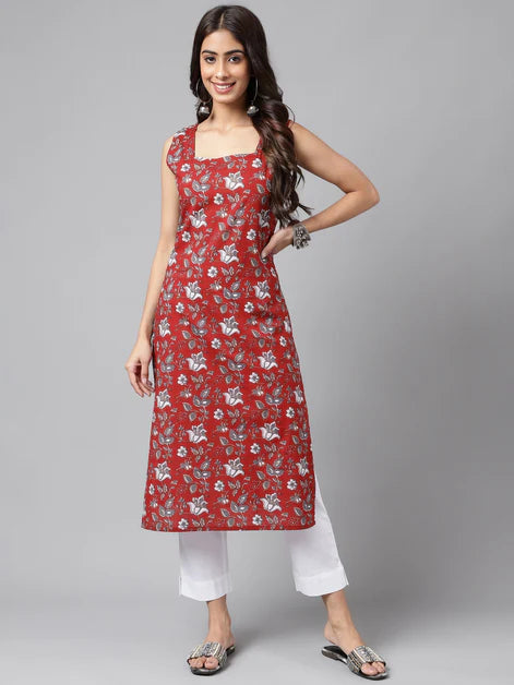 Maroon Floral  Printed Cotton  Kurti Top (Top Only)
