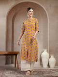 Mustard Cotton printed A-Line Kurti Top (Top Only)