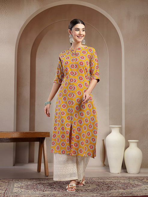 Mustard Cotton printed A-Line Kurti Top (Top Only)