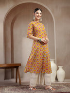 Mustard Cotton printed A-Line Kurti Top (Top Only)