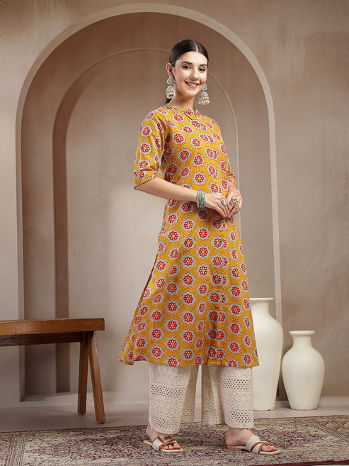 Mustard Cotton printed A-Line Kurti Top (Top Only)