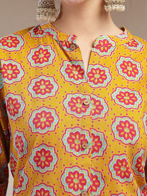 Mustard Cotton printed A-Line Kurti Top (Top Only)
