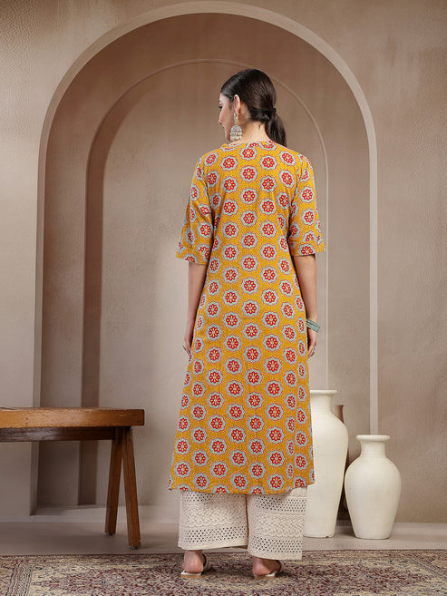 Mustard Cotton printed A-Line Kurti Top (Top Only)