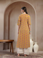 Mustard Cotton printed A-Line Kurti Top (Top Only)