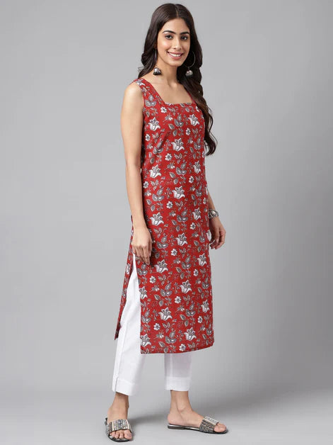 Maroon Floral  Printed Cotton  Kurti Top (Top Only)