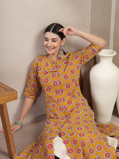 Mustard Cotton printed A-Line Kurti Top (Top Only)