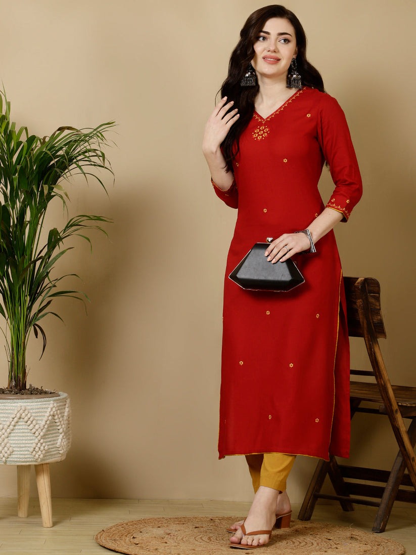 Solid Red Rayon Kurti Top With Embroidery (Top Only)