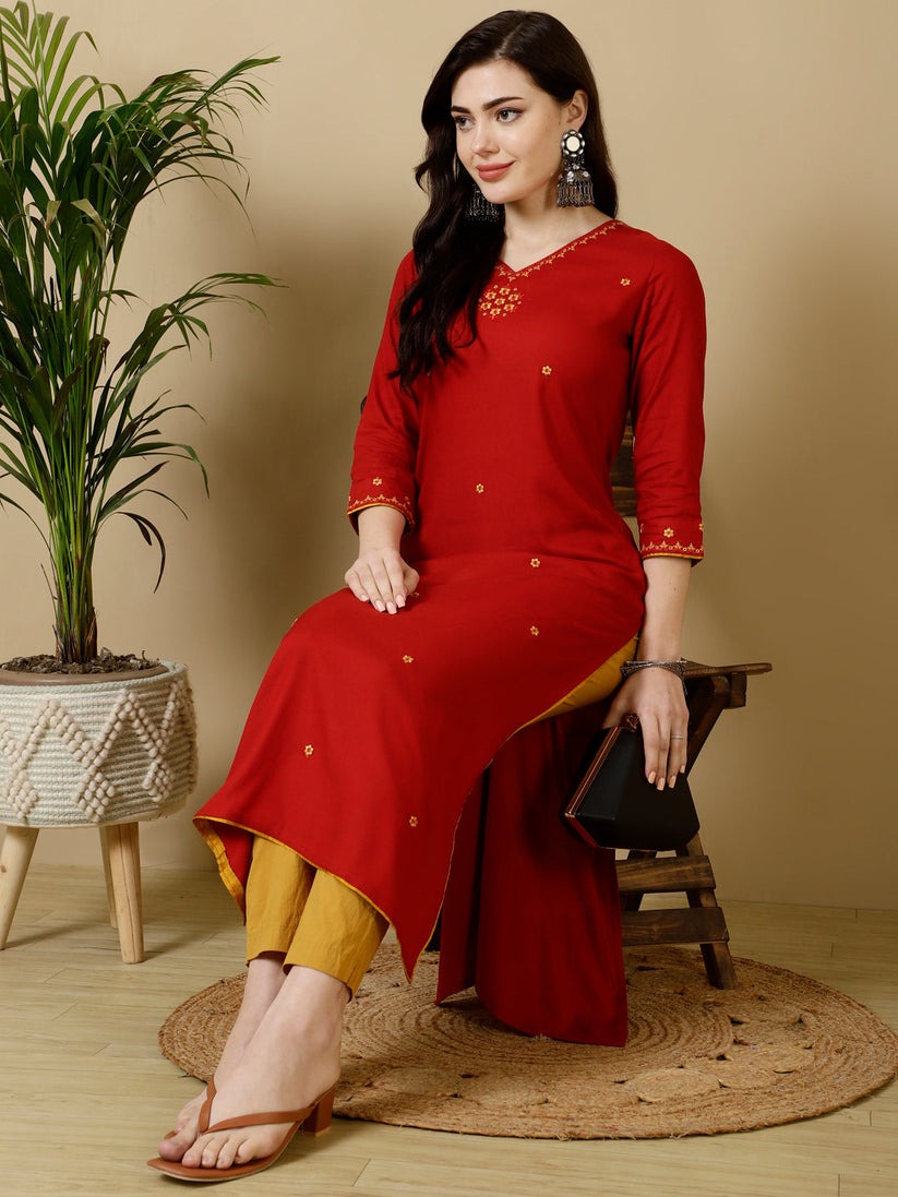 Solid Red Rayon Kurti Top With Embroidery (Top Only)