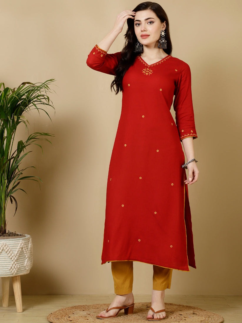 Solid Red Rayon Kurti Top With Embroidery (Top Only)