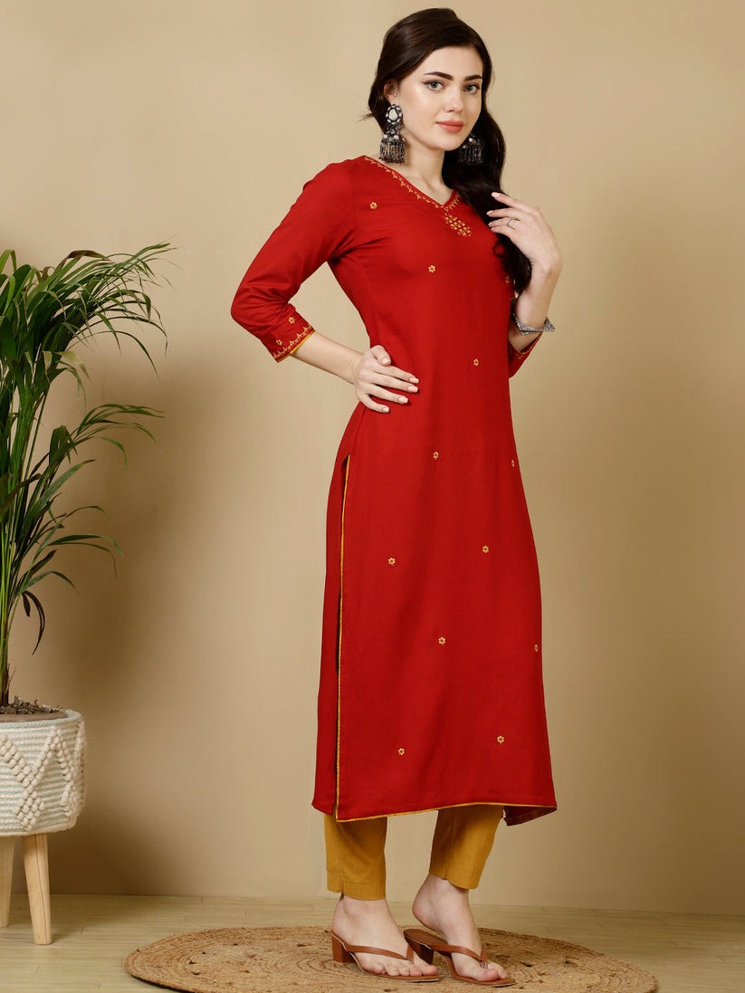 Solid Red Rayon Kurti Top With Embroidery (Top Only)