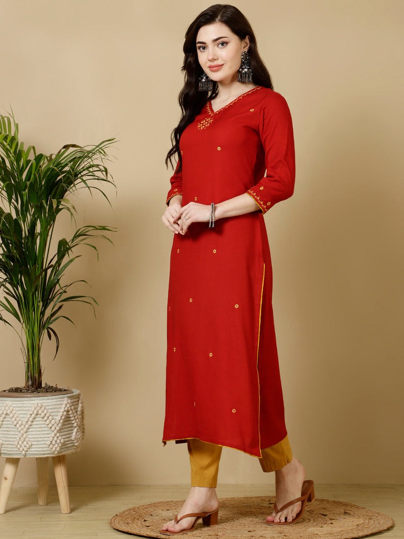 Solid Red Rayon Kurti Top With Embroidery (Top Only)