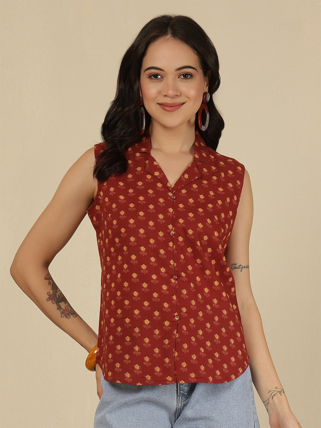 Maroon Cotton Floral Printed Top