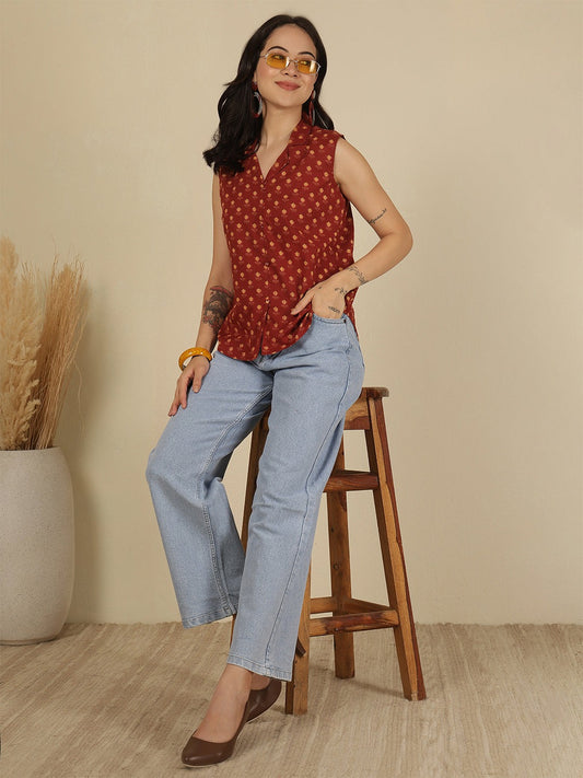 Maroon Cotton Floral Printed Top