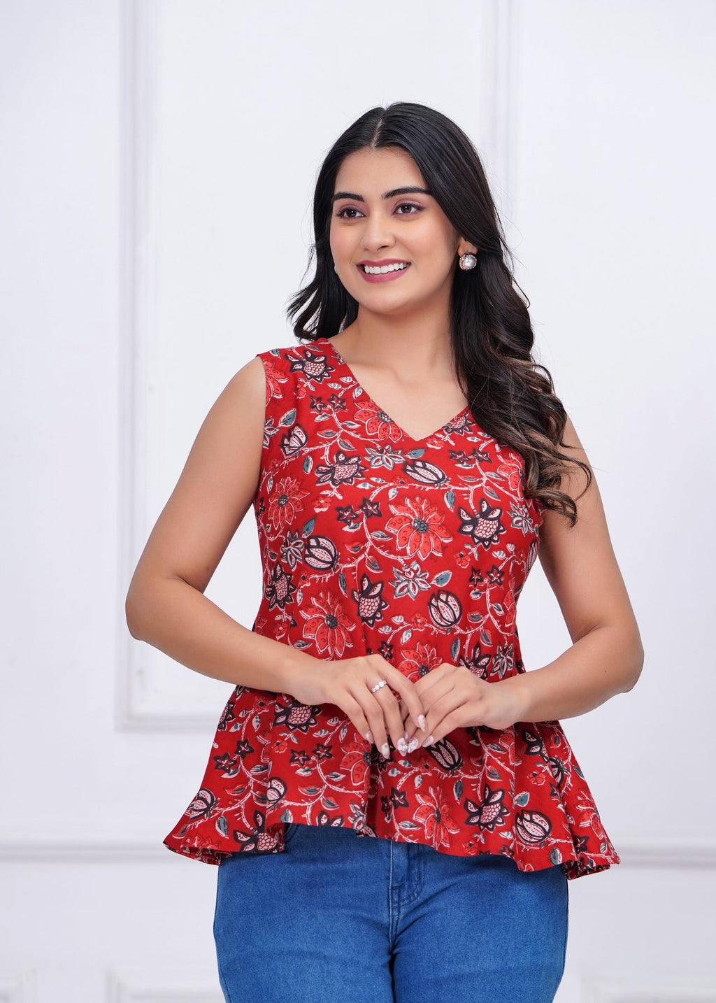 Red Cotton Floral Printed Top