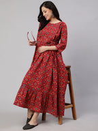 Maroon printed Cotton Maternity Dress