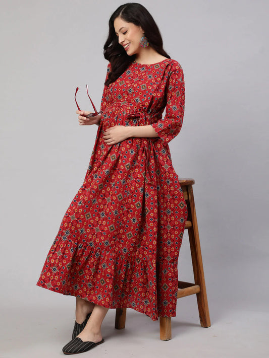 Maroon printed Cotton Maternity Dress