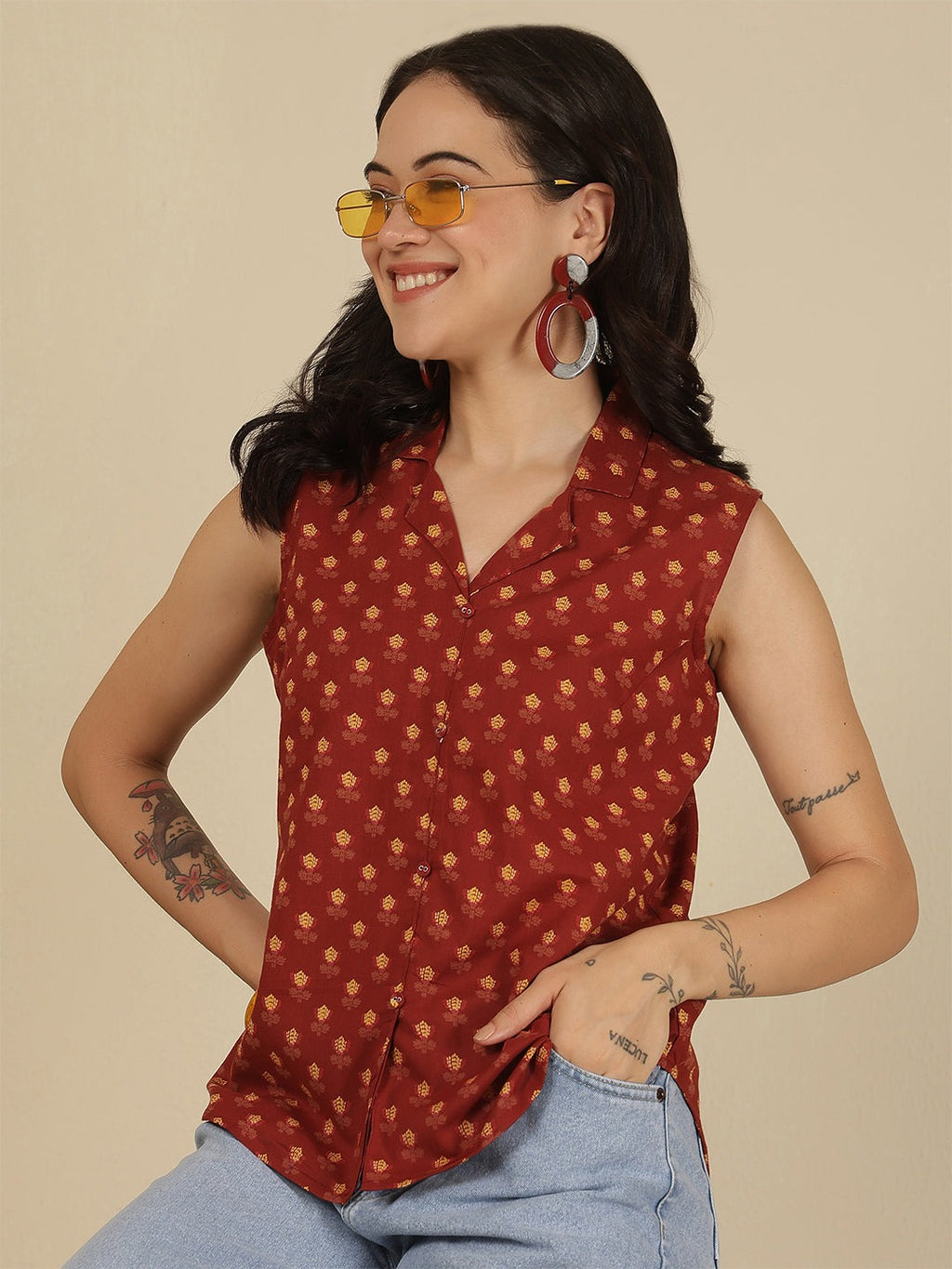 Maroon Cotton Floral Printed Top