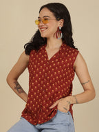 Maroon Cotton Floral Printed Top