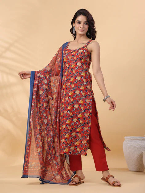 Red Printed Pure Cotton Kurti Set
