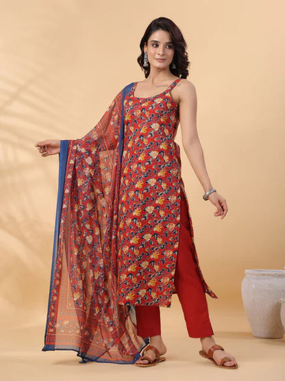 Red Printed Pure Cotton Kurti Set